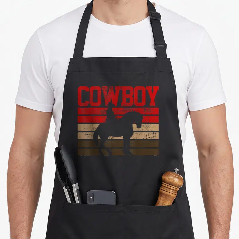 Rodeo cowboy apron - COWBOY text above horse silhouette on red tan brown stripes — shown on a black cotton canvas apron against a white background