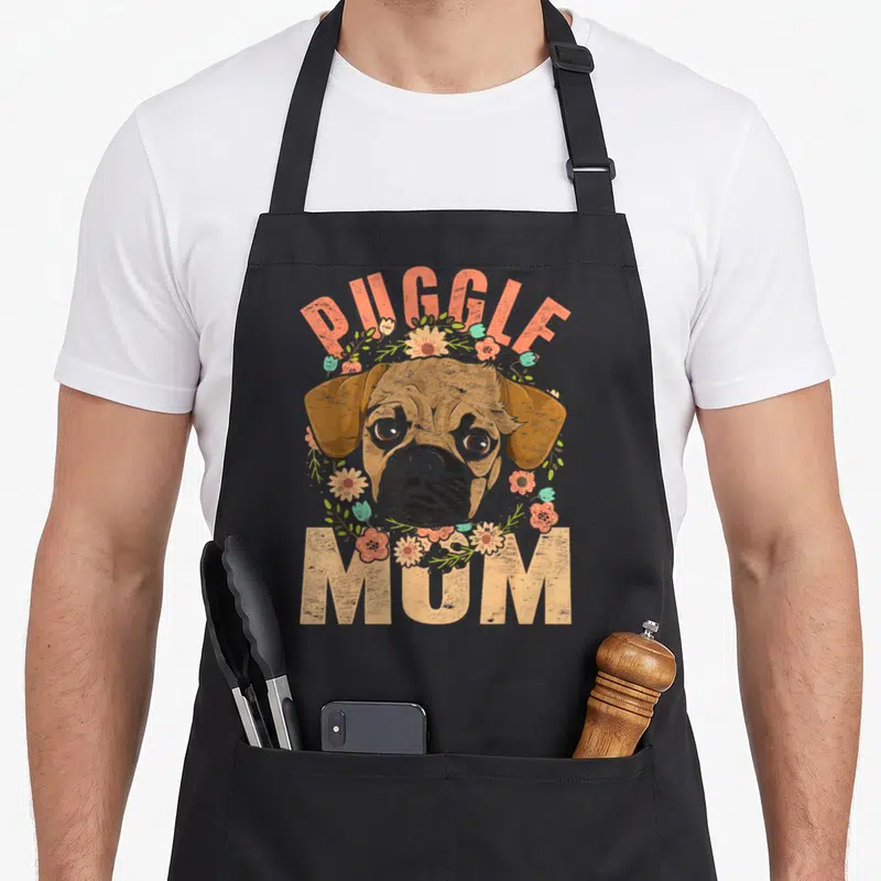 Animal mother's day aprons - Cartoon Puggle dog head with peach flowers and PUGGLE MUM text — shown on a black cotton canvas apron against a white background