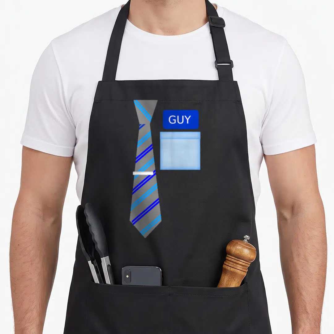 Blue costume halloween apron - Blue striped necktie next to a pocket with GUY written in white on a blue background — shown on a black cotton canvas apron against a white background