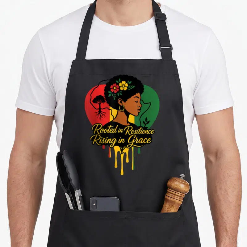 Month heritage african american aprons - Woman profile against red yellow green heart with tree roots and flowers, text — shown on a black cotton canvas apron against a white background