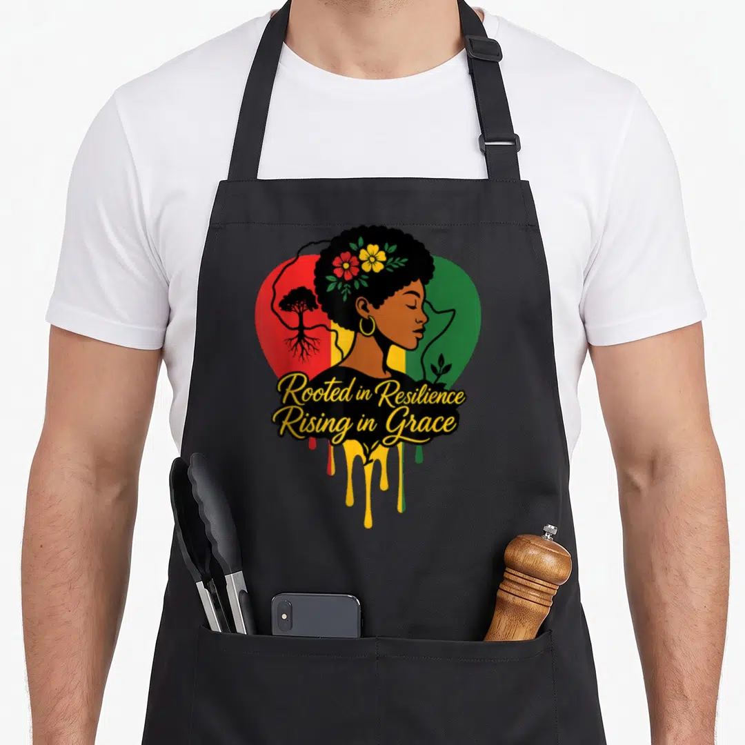 Month heritage african american aprons - Woman profile against red yellow green heart with tree roots and flowers, text — shown on a black cotton canvas apron against a white background