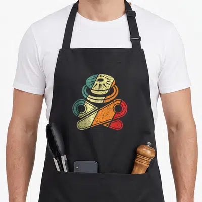 Pinball skull apron - Abstract geometric pinball bumper design in teal, yellow, orange, and red gradient — shown on a black cotton canvas apron against a white background
