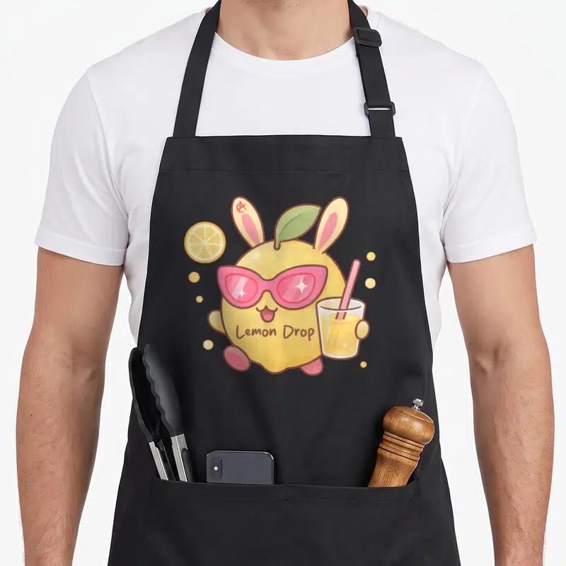 Vintage drop for love and lemons apron - Yellow lemon bunny wearing pink sunglasses holding juice glass with bubbles — shown on a black cotton canvas apron against a white background