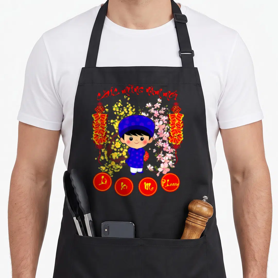 Lunar vietnamese food apron - Cartoon boy in blue with red lanterns, yellow and pink flowers, and four red circles — shown on a black cotton canvas apron against a white background