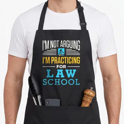 Arguing lawyer apron - Stacked text I'M NOT ARGUING I'M PRACTICING FOR LAW SCHOOL with gavel icon on book — shown on a black cotton canvas apron against a white background