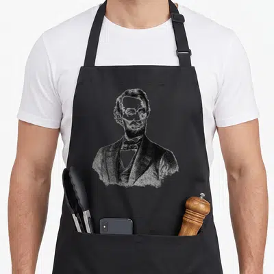 Abe crew apron - Realistic bust portrait of Abraham Lincoln in black and grey tones — shown on a black cotton canvas apron against a white background