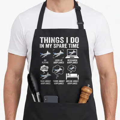 Spare airplane apron - Distressed text listing six airplane activities with matching icons including a laptop and bed — shown on a black cotton canvas apron against a white background