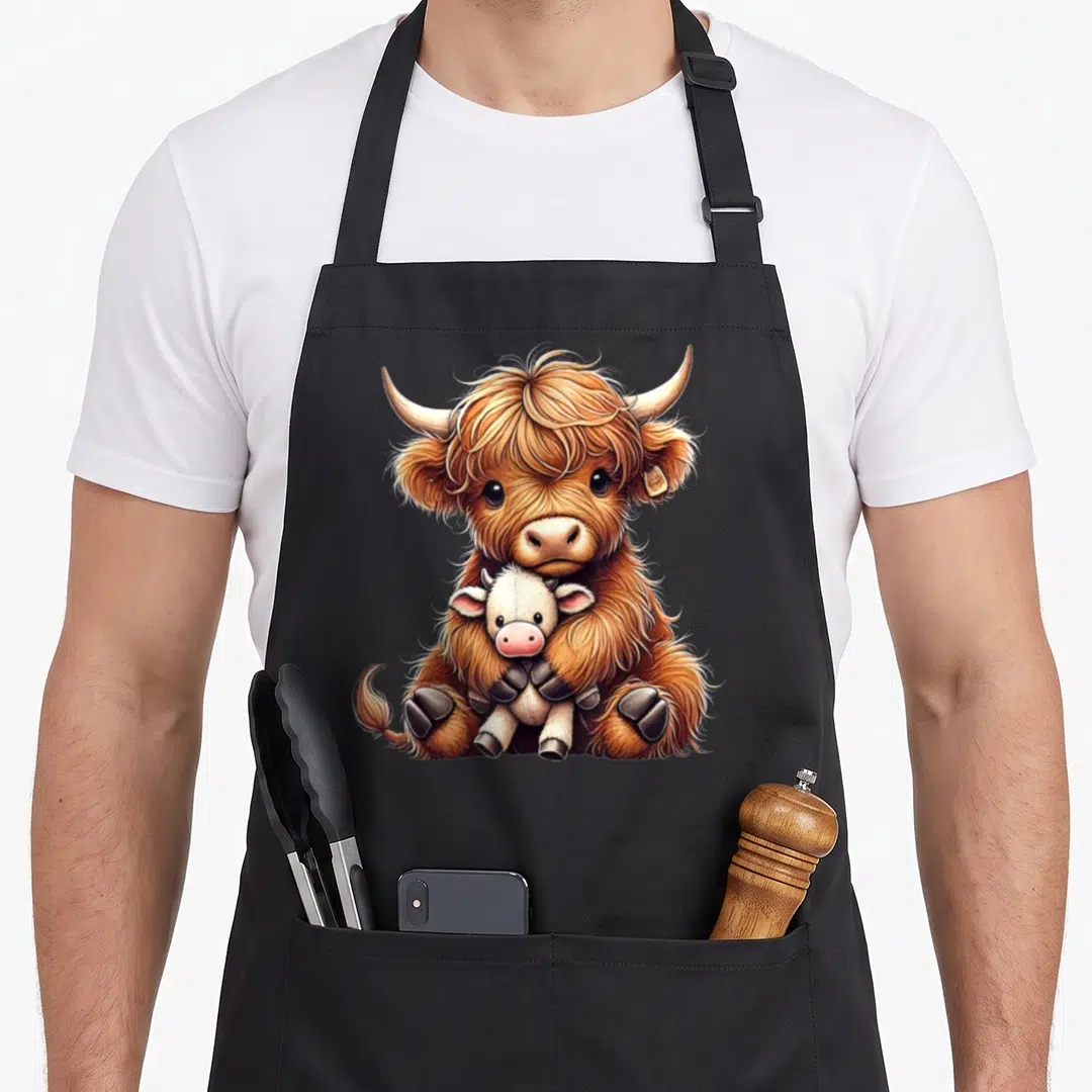 Funny farmer highland cow apron - Cartoon brown highland cow sitting and hugging a small white toy cow with pink nose — shown on a black cotton canvas apron against a white background