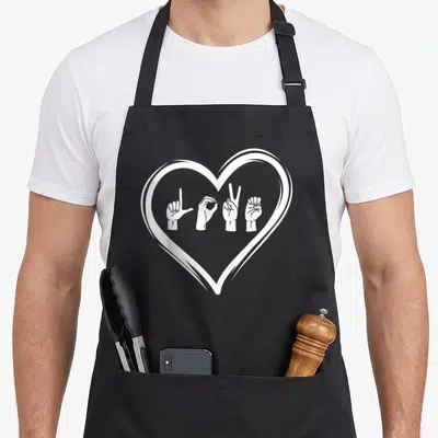 Interpreter teacher apron - White heart outline enclosing four hand signs in line art style — shown on a black cotton canvas apron against a white background