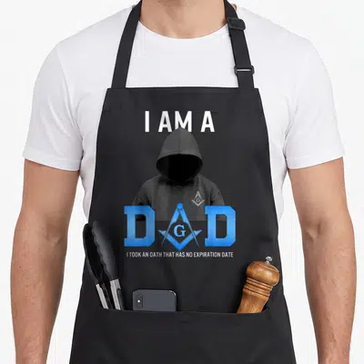 Masonic father day apron - Hooded man with blue Dad text and Masonic square compass symbol replacing the letter — shown on a black cotton canvas apron against a white background
