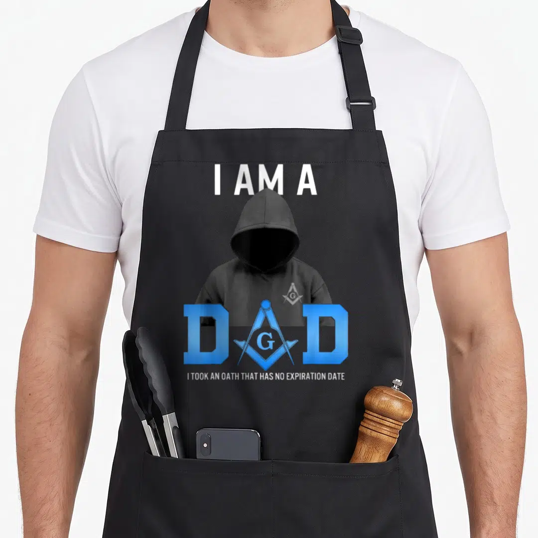 Masonic father day apron - Hooded man with blue Dad text and Masonic square compass symbol replacing the letter — shown on a black cotton canvas apron against a white background