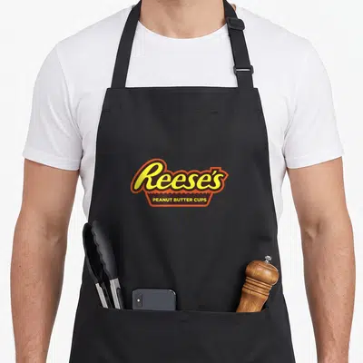 Basic butter apron - Yellow script text reading Reese's above orange banner with PEANUT BUTTER CUPS in block letters — shown on a black cotton canvas apron against a white background
