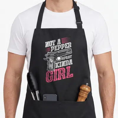 Pepper 2nd apron - White handgun illustration surrounded by NOT A PEPPER SPRAY KINDA GIRL text in white and pink — shown on a black cotton canvas apron against a white background
