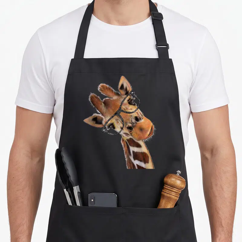 Hipster giraffe apron - Realistic giraffe head and neck wearing black glasses on black fabric — shown on a black cotton canvas apron against a white background