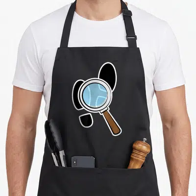 Magnifying detective apron - Cartoon magnifying glass with blue lens and brown handle over three black ovals — shown on a black cotton canvas apron against a white background