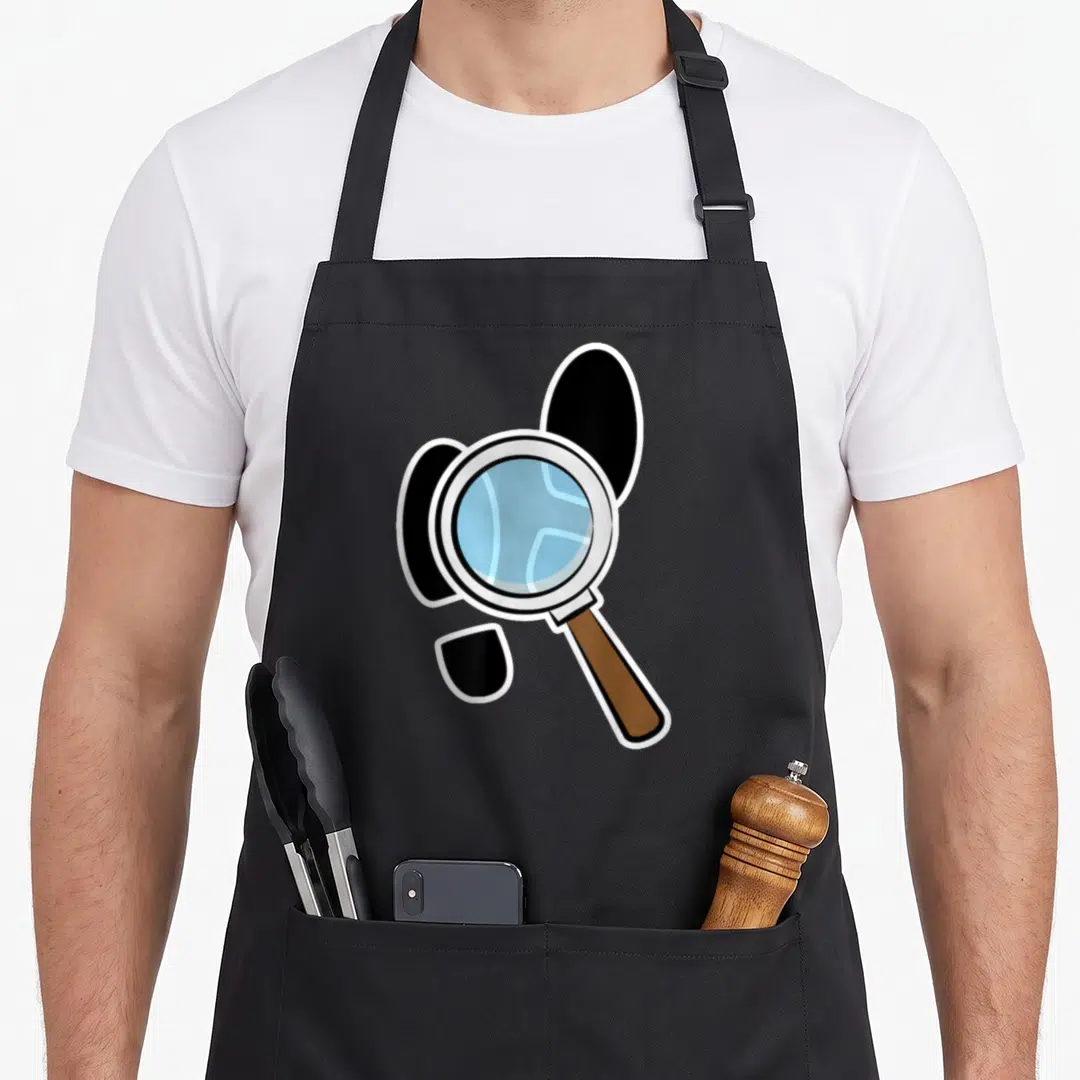 Magnifying detective apron - Cartoon magnifying glass with blue lens and brown handle over three black ovals — shown on a black cotton canvas apron against a white background