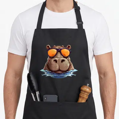 Sunglass animal apron - Cartoon brown hippo in blue water wearing purple and orange sunglasses — shown on a black cotton canvas apron against a white background