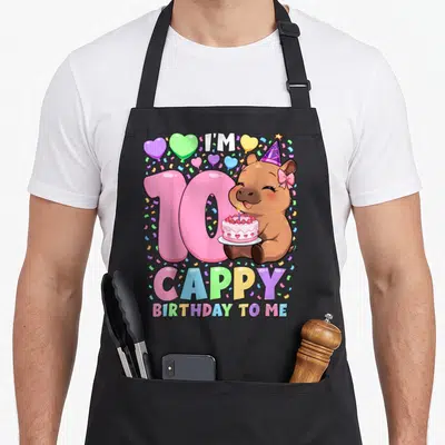 10th kawaii apron - Capybara holding cake with pink 10 and text I'M 10 CAPPY BIRTHDAY TO ME surrounded by balloons — shown on a black cotton canvas apron against a white background