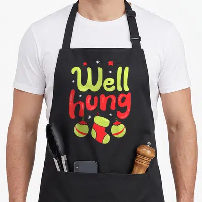 Hung christmas apron - Well hung text in lime and red with two ornaments and one stocking below — shown on a black cotton canvas apron against a white background