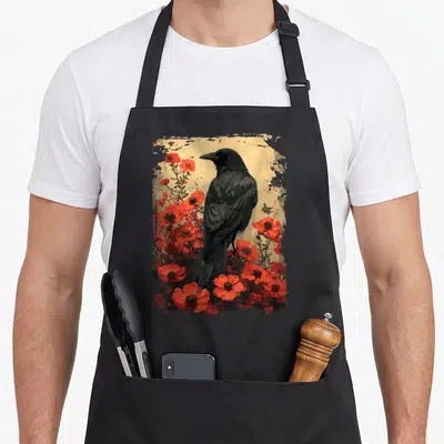 Gothic floral apron - Realistic black crow surrounded by red poppies on distressed beige background — shown on a black cotton canvas apron against a white background