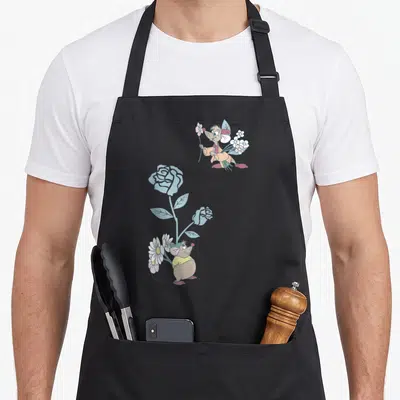 Gus cinderella apron - Two cartoon mice holding pink and white flowers next to a tall blue rose stem — shown on a black cotton canvas apron against a white background