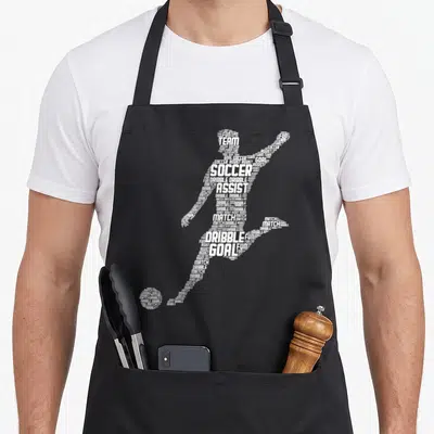 Cute player soccer apron - White word art silhouette of a soccer player using words like TEAM SOCCER ASSIST DRIBBLE — shown on a black cotton canvas apron against a white background