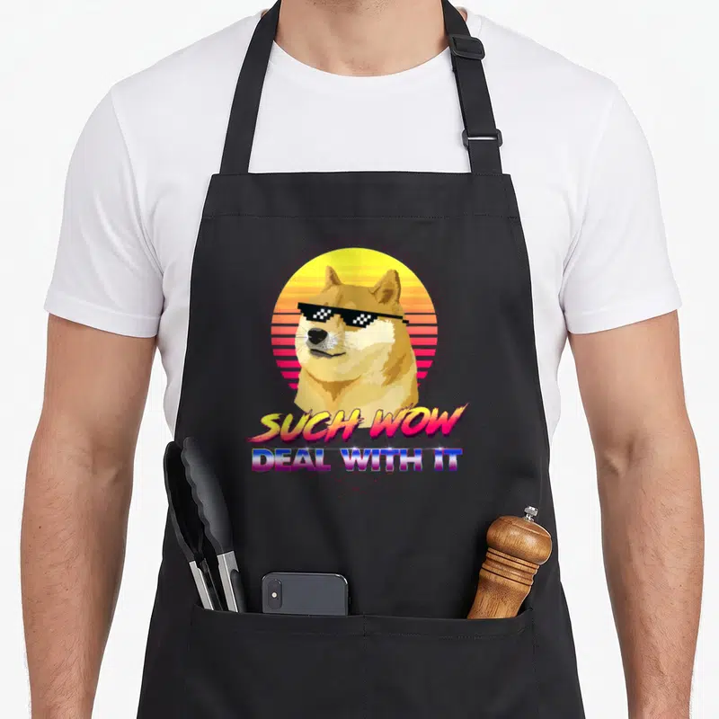 Such meme apron - Doge with pixel sunglasses, retro striped sun, SUCH WOW DEAL WITH IT text in yellow pink blue tan — shown on a black cotton canvas apron against a white background