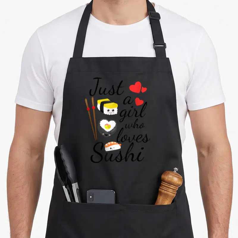 Sweet sushi apron - Cartoon sushi, chopsticks, hearts, and text Just a girl who loves Sushi in black, red, white, yellow — shown on a black cotton canvas apron against a white background