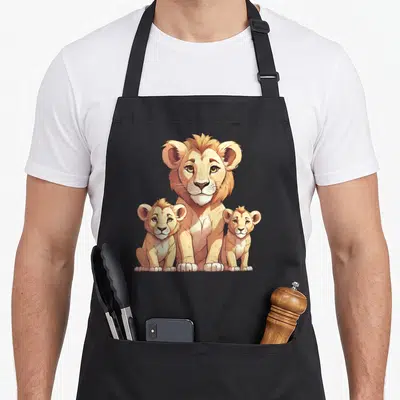 Cub mother's apron - Cartoon lioness and two cubs in tan and brown illustration — shown on a black cotton canvas apron against a white background
