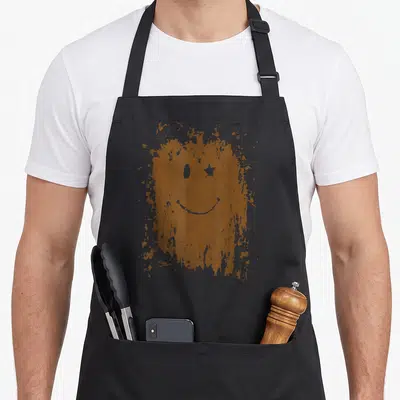 Mud face apron - Brown distressed paint splatter with grey smiley face and star negative space cutout — shown on a black cotton canvas apron against a white background