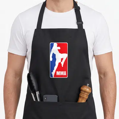 Mixed mma apron - White fighter silhouette on split blue and red background with MMA text — shown on a black cotton canvas apron against a white background