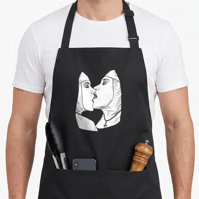 Hot gear v neck apron - Two mummies kissing in white line-art, one wearing cross necklace — shown on a black cotton canvas apron against a white background