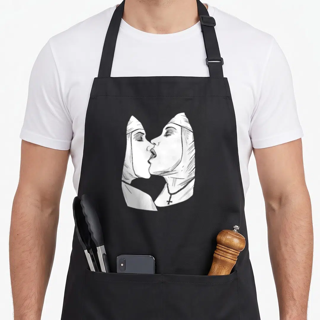 Hot gear v neck apron - Two mummies kissing in white line-art, one wearing cross necklace — shown on a black cotton canvas apron against a white background