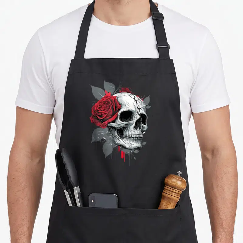 Flower skeleton apron - White skull with large red rose on left, small rose on top, grey leaves, red drips — shown on a black cotton canvas apron against a white background