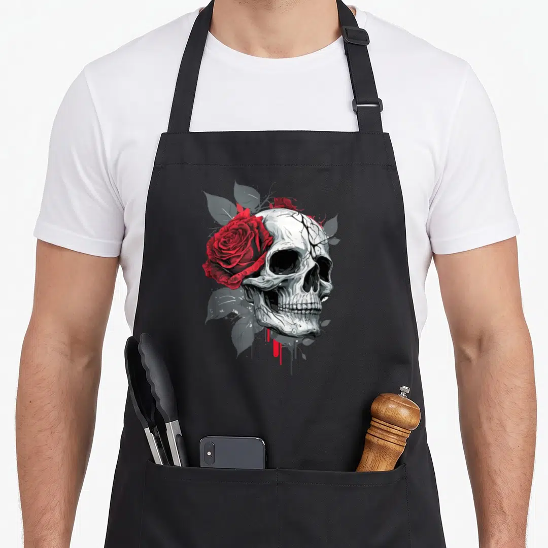 Flower skeleton apron - White skull with large red rose on left, small rose on top, grey leaves, red drips — shown on a black cotton canvas apron against a white background