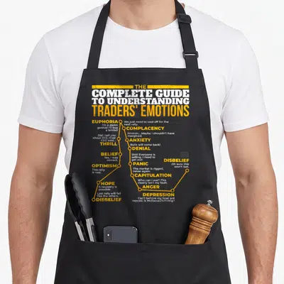 Guide stock aprons - Typographic chart titled The Complete Guide To Understanding Traders Emotions with yellow wave — shown on a black cotton canvas apron against a white background
