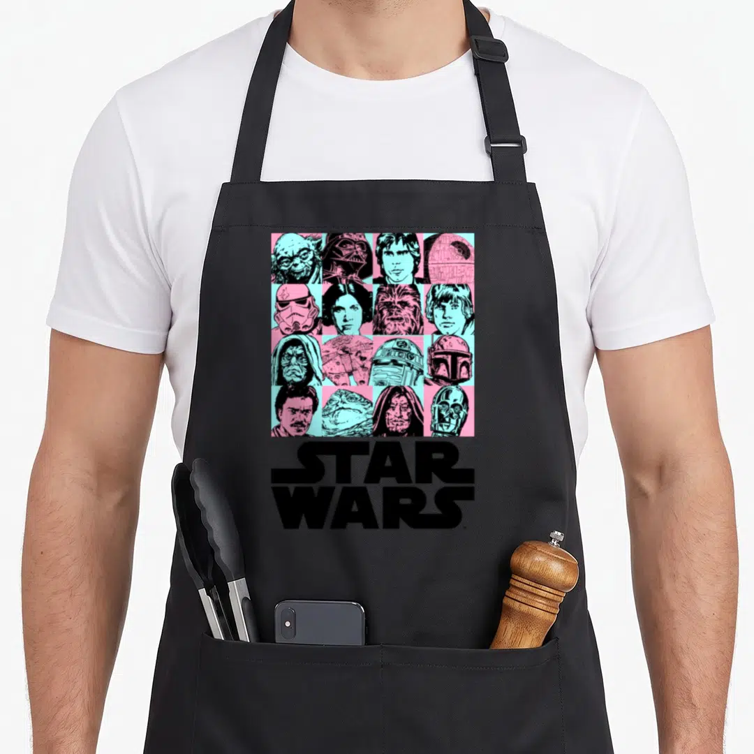 Toned character aprons - Pink and blue Star Wars character grid above bold black logo text — shown on a black cotton canvas apron against a white background