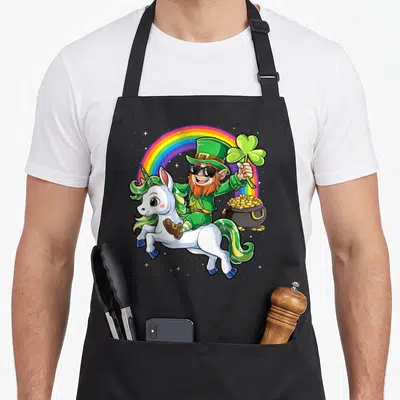 Unicorn leprechaun st patrick day aprons - Cartoon leprechaun riding white unicorn with rainbow shamrock and pot of gold — shown on a black cotton canvas apron against a white background