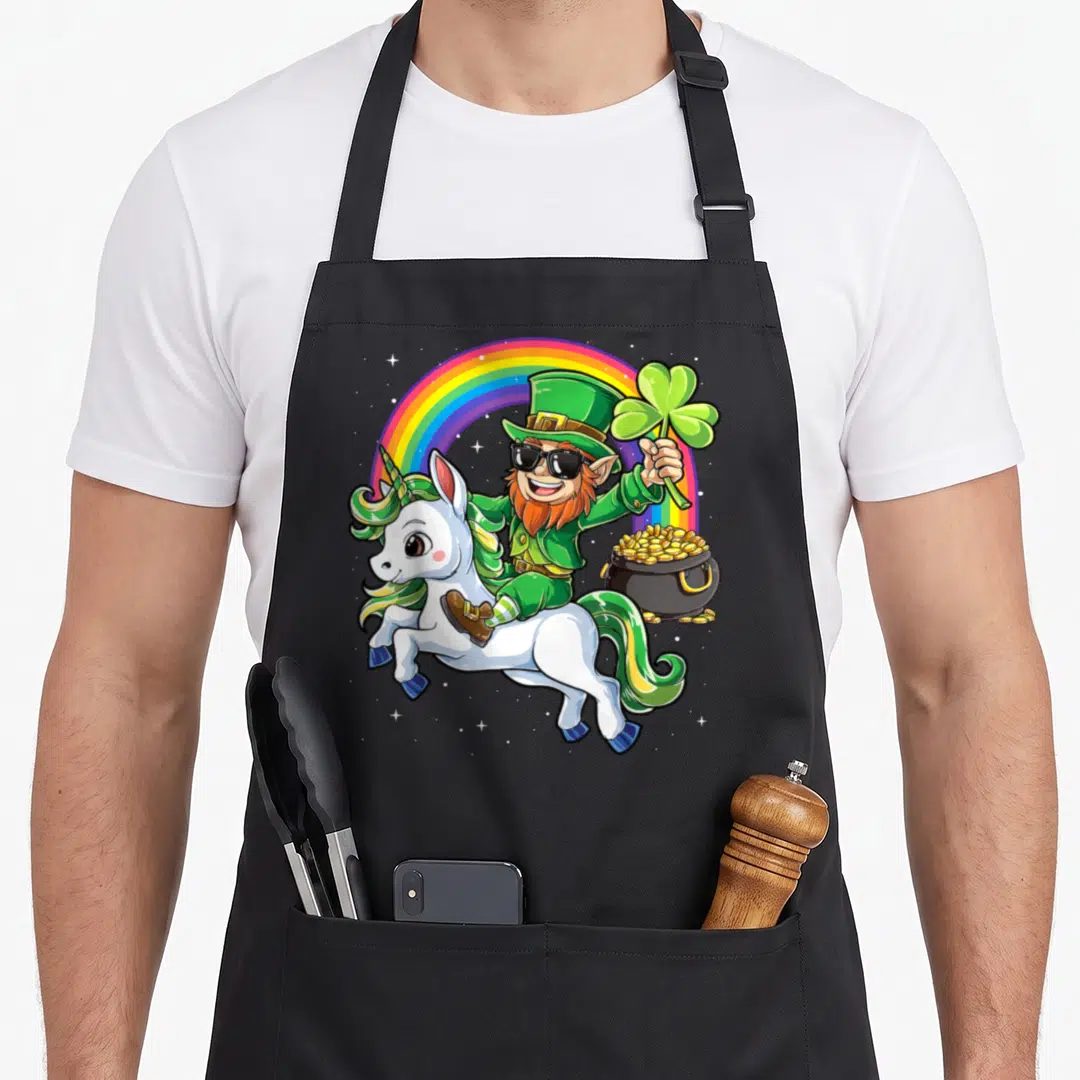 Unicorn leprechaun st patrick day aprons - Cartoon leprechaun riding white unicorn with rainbow shamrock and pot of gold — shown on a black cotton canvas apron against a white background