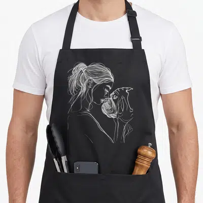 Mother english aprons - White line art profile of woman kissing English Bulldog nose — shown on a black cotton canvas apron against a white background