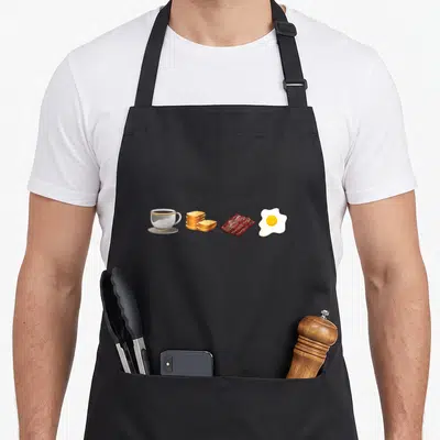 Breakfast toast apron - Coffee cup, stacked toast, bacon strips, and fried egg in a horizontal row — shown on a black cotton canvas apron against a white background