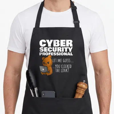 Clicked cybersecurity wife apron - Brown bear holding grey laptop under white CYBER SECURITY PROFESSIONAL text — shown on a black cotton canvas apron against a white background