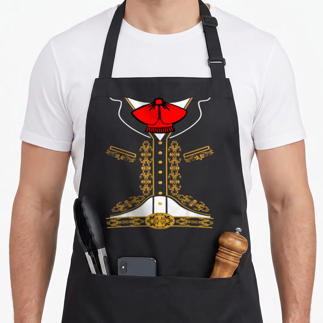 Halloween mexican apron - Symmetrical mariachi charro jacket print with red hat and gold scrollwork on canvas — shown on a black cotton canvas apron against a white background