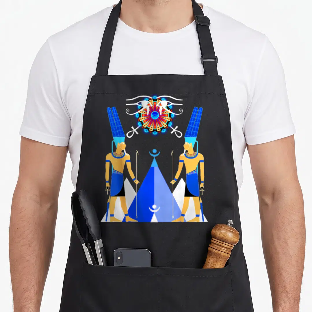 African ancient egyptian apron - Two symmetrical deities facing blue pyramid under sun disk with horus eyes in line art — shown on a black cotton canvas apron against a white background