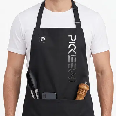 Gradient pickleball apron - Vertical gradient PICKLEBALL text and circular LIFESTYLE BRAND logo on black fabric — shown on a black cotton canvas apron against a white background