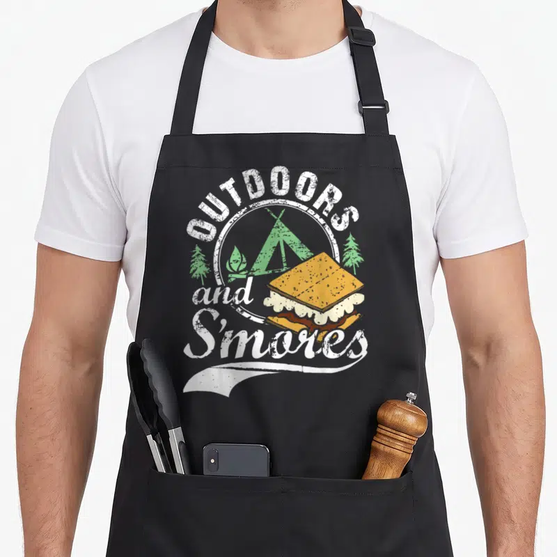 Outdoor camping apron - Distressed Outdoors and S'mores print with green tent and s'more illustration on black apron — shown on a black cotton canvas apron against a white background