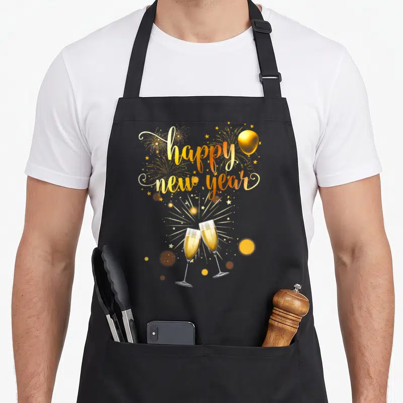 Supply christmas eve apron - Gold happy new year text with clinking champagne glasses and fireworks — shown on a black cotton canvas apron against a white background