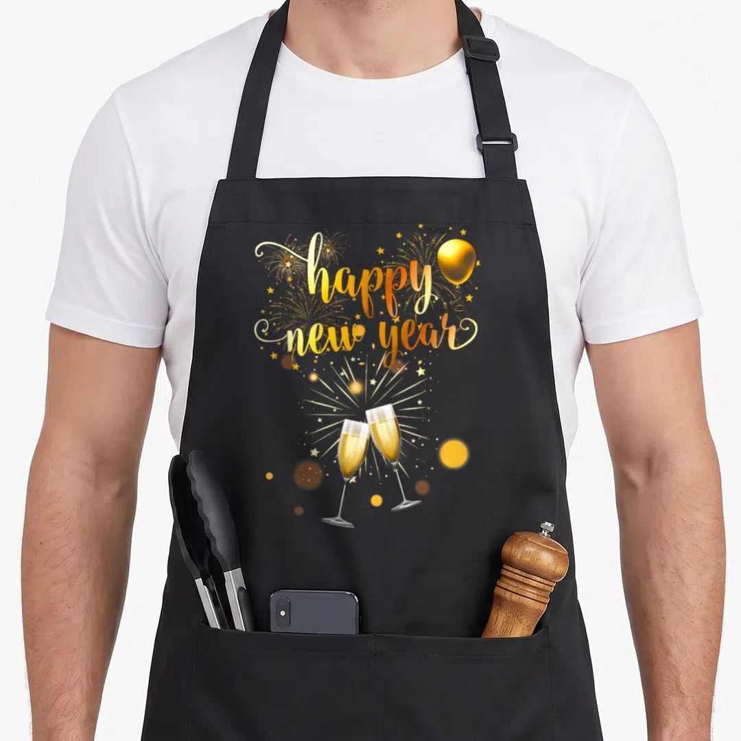Supply christmas eve apron - Gold happy new year text with clinking champagne glasses and fireworks — shown on a black cotton canvas apron against a white background