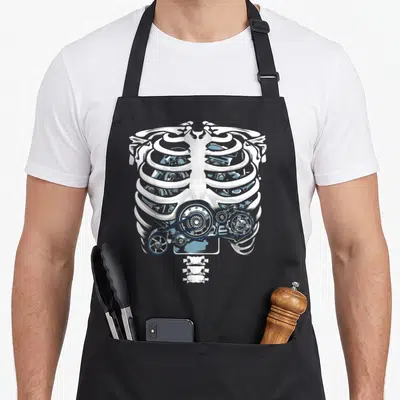 Enthusiast engineer mechanic apron - White ribcage illustration containing blue mechanical engine parts and a drive belt — shown on a black cotton canvas apron against a white background