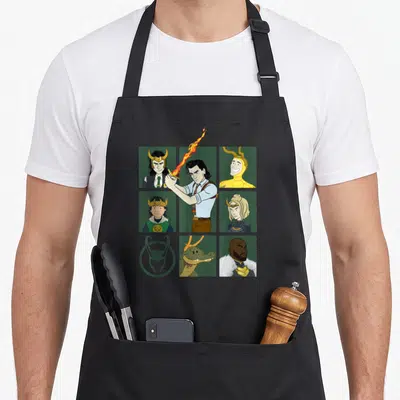 Variant character aprons - Cartoon grid of Loki variants including alligator and Sylvie on black background — shown on a black cotton canvas apron against a white background